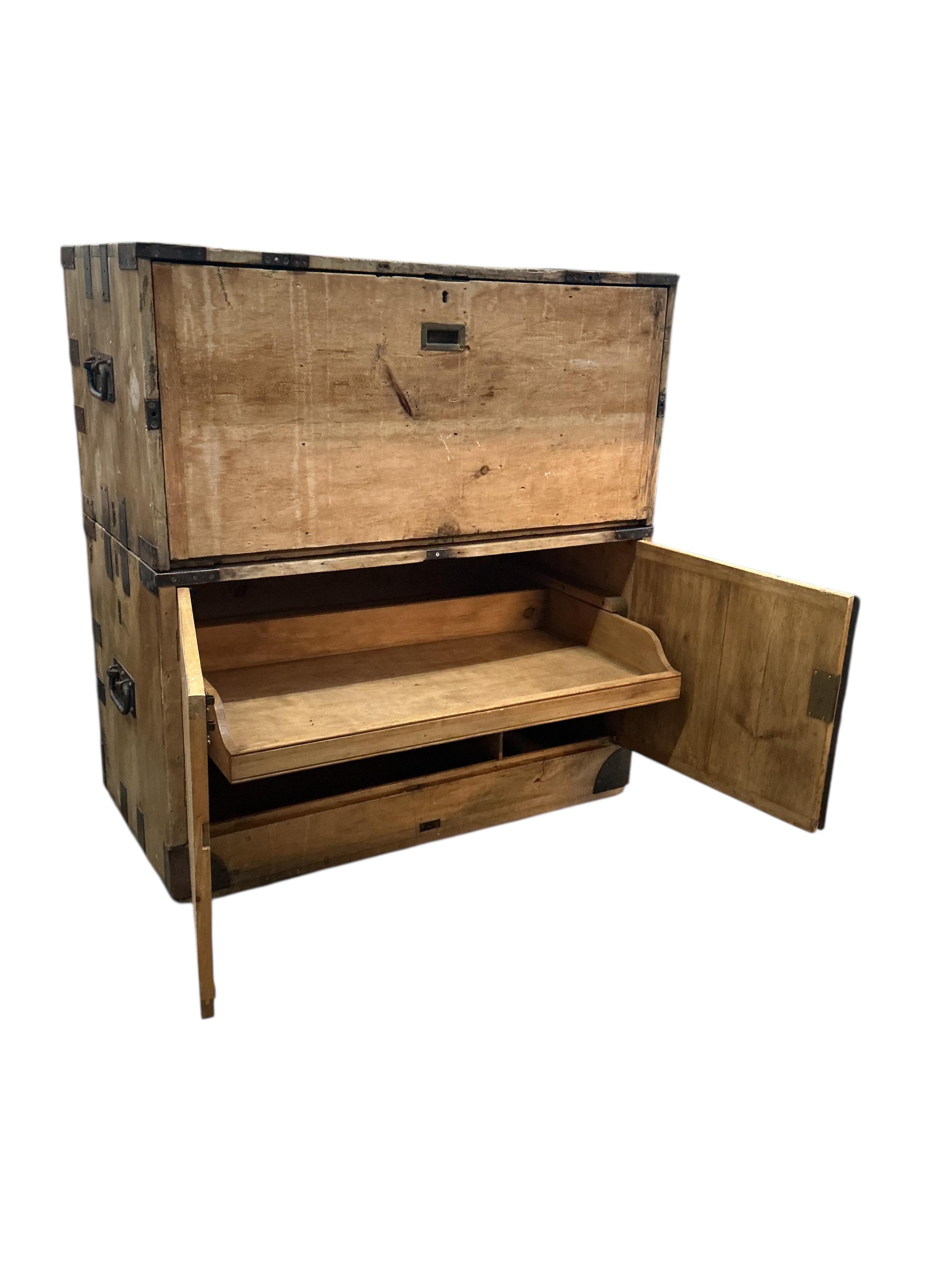 A 19th century pine two section military chest, width 106cm, depth 54cm, height 114cm, Provenance: By repute once the property of Frederick Matte (?) who was present at the Battle of Ladysmith